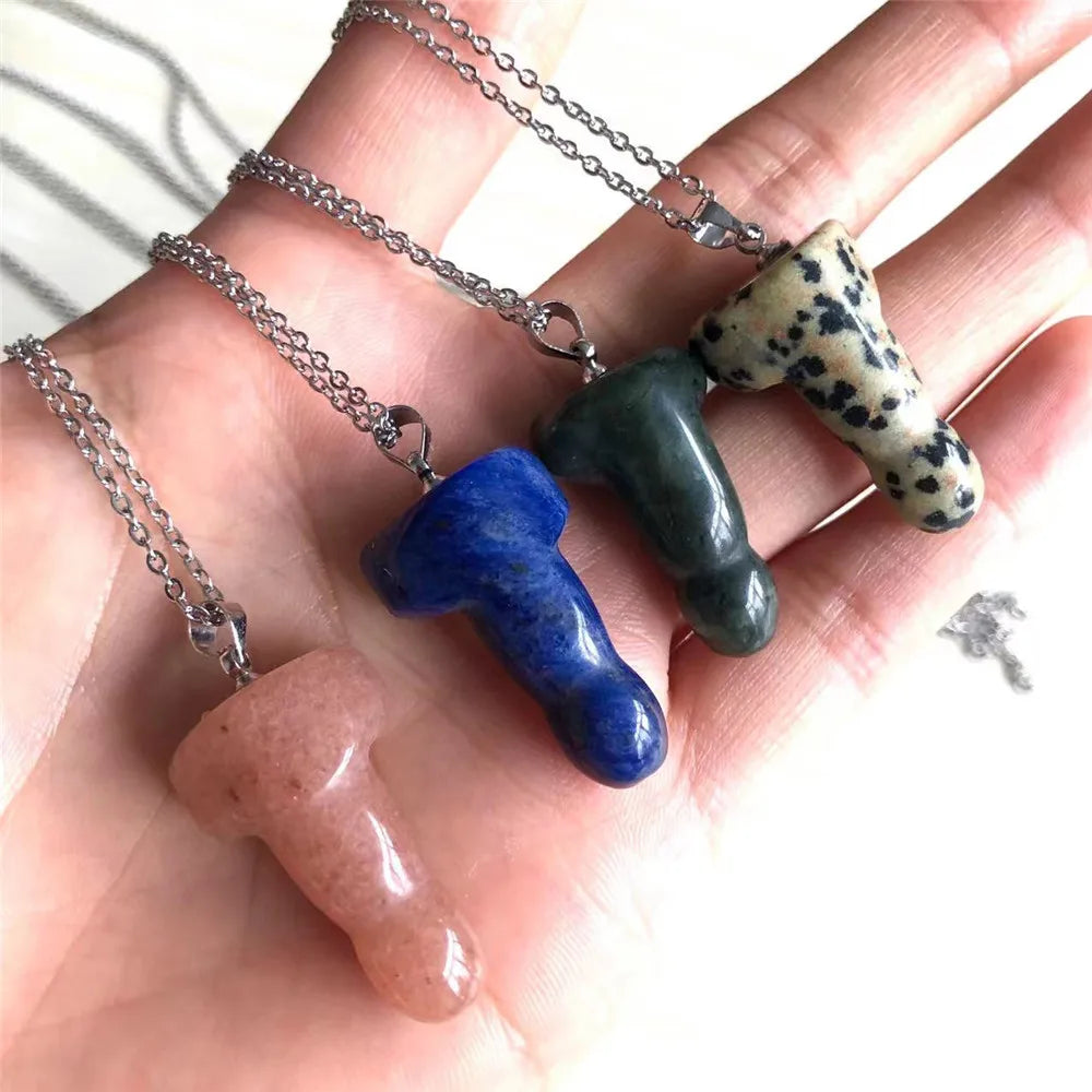 Natural Crystal Phallus Carved Necklace Midnightt Light