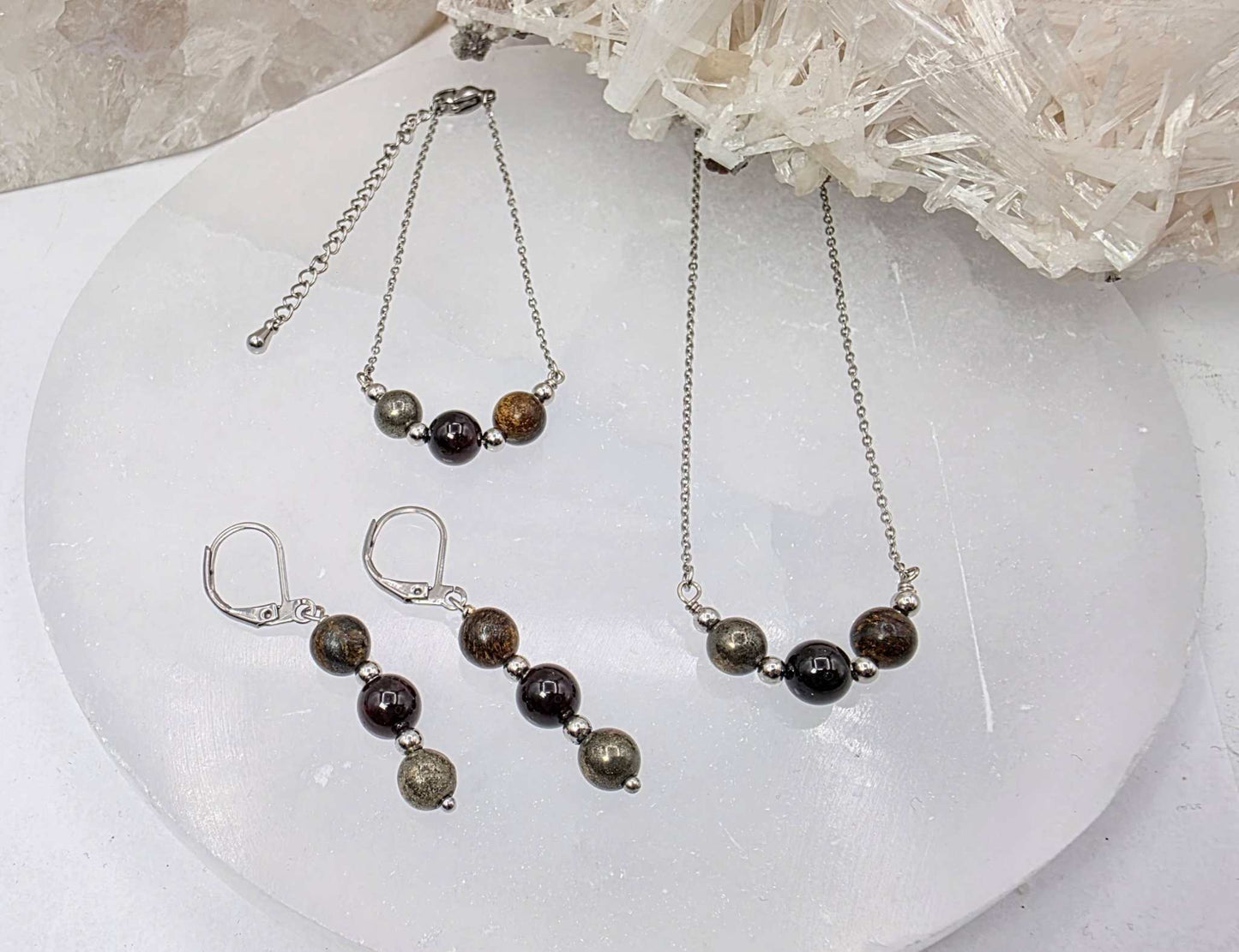 STAY IN MY POWER - Pyrite, Bronzite, Garnet Jewelry Set Sacred Crystals