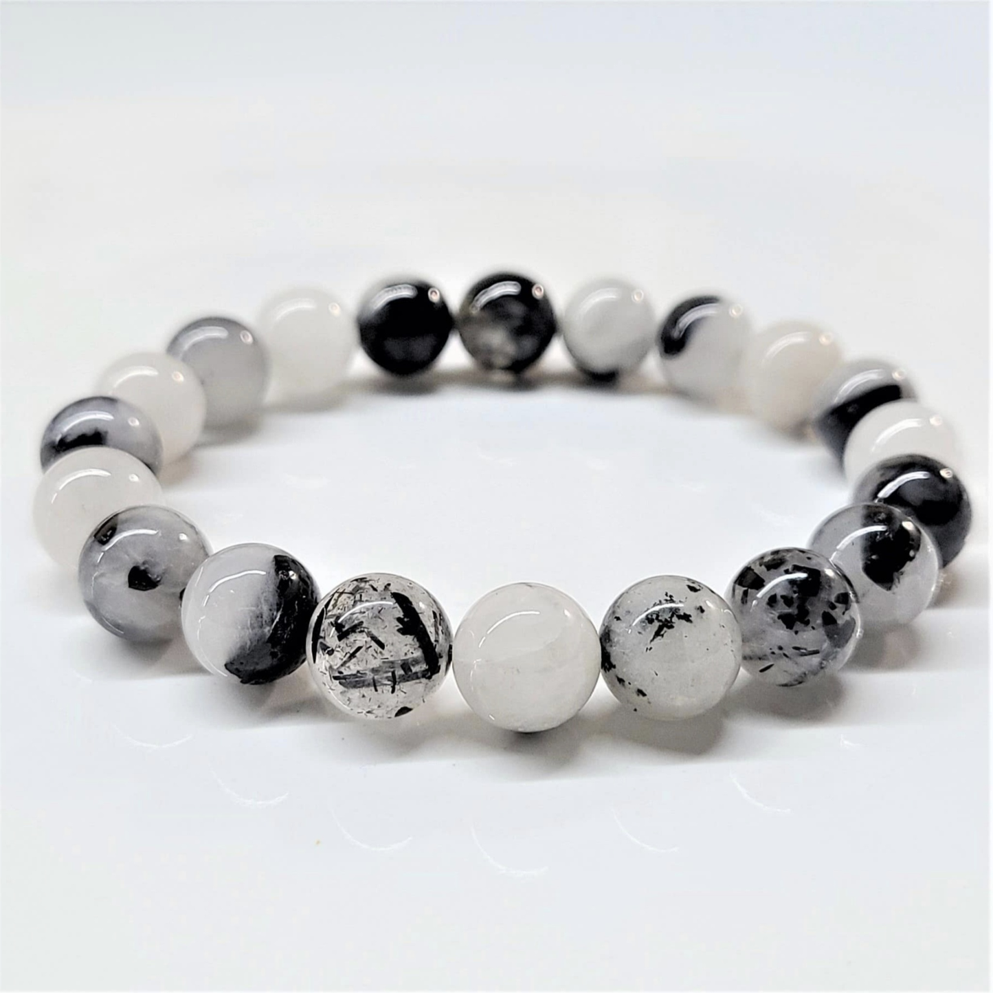 Tourmaline in Quartz Round Bead Bracelet - Grounded Purification Sacred Crystals