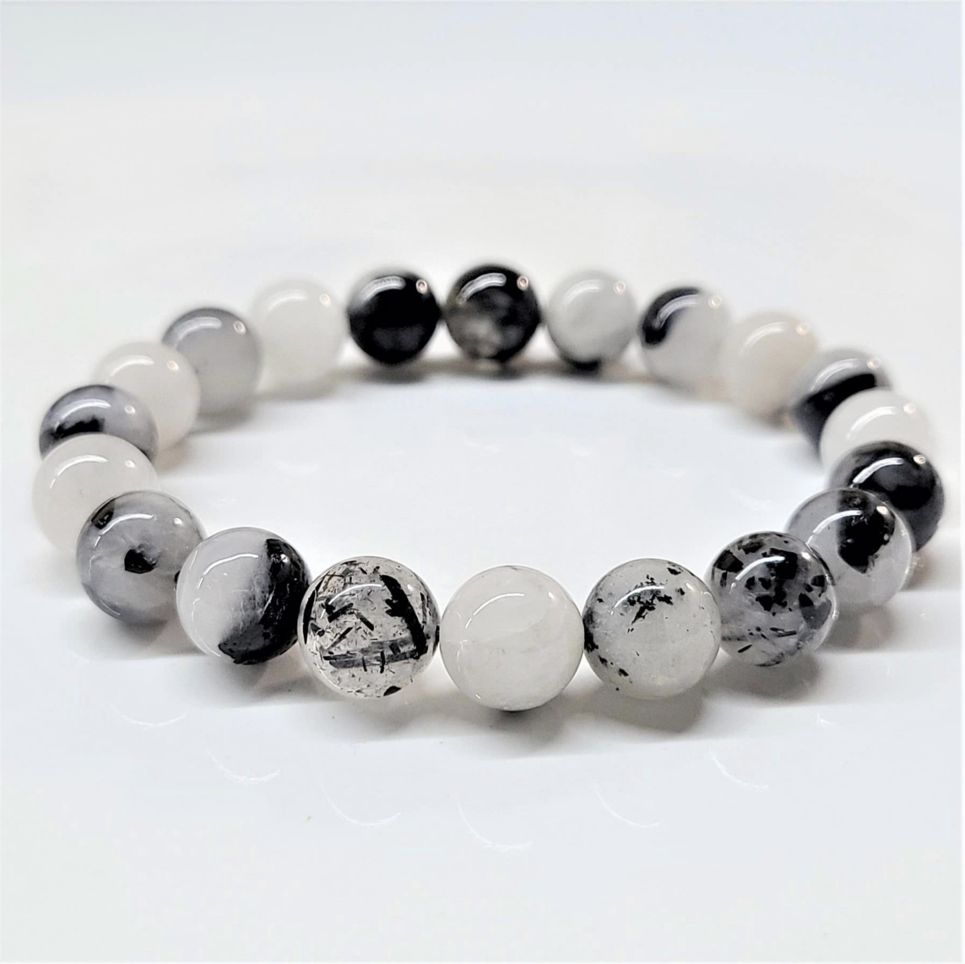 Tourmaline in Quartz Round Bead Bracelet - Grounded Purification Sacred Crystals