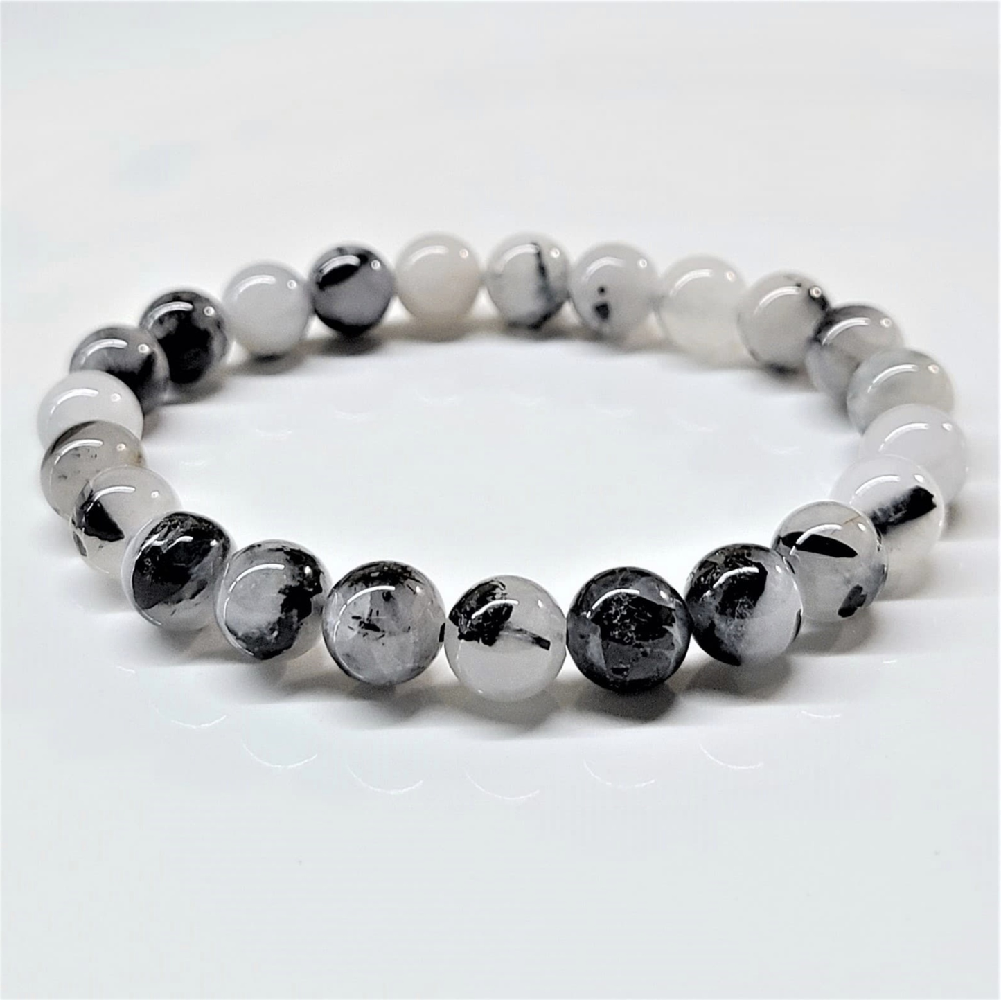 Tourmaline in Quartz Round Bead Bracelet - Grounded Purification Sacred Crystals