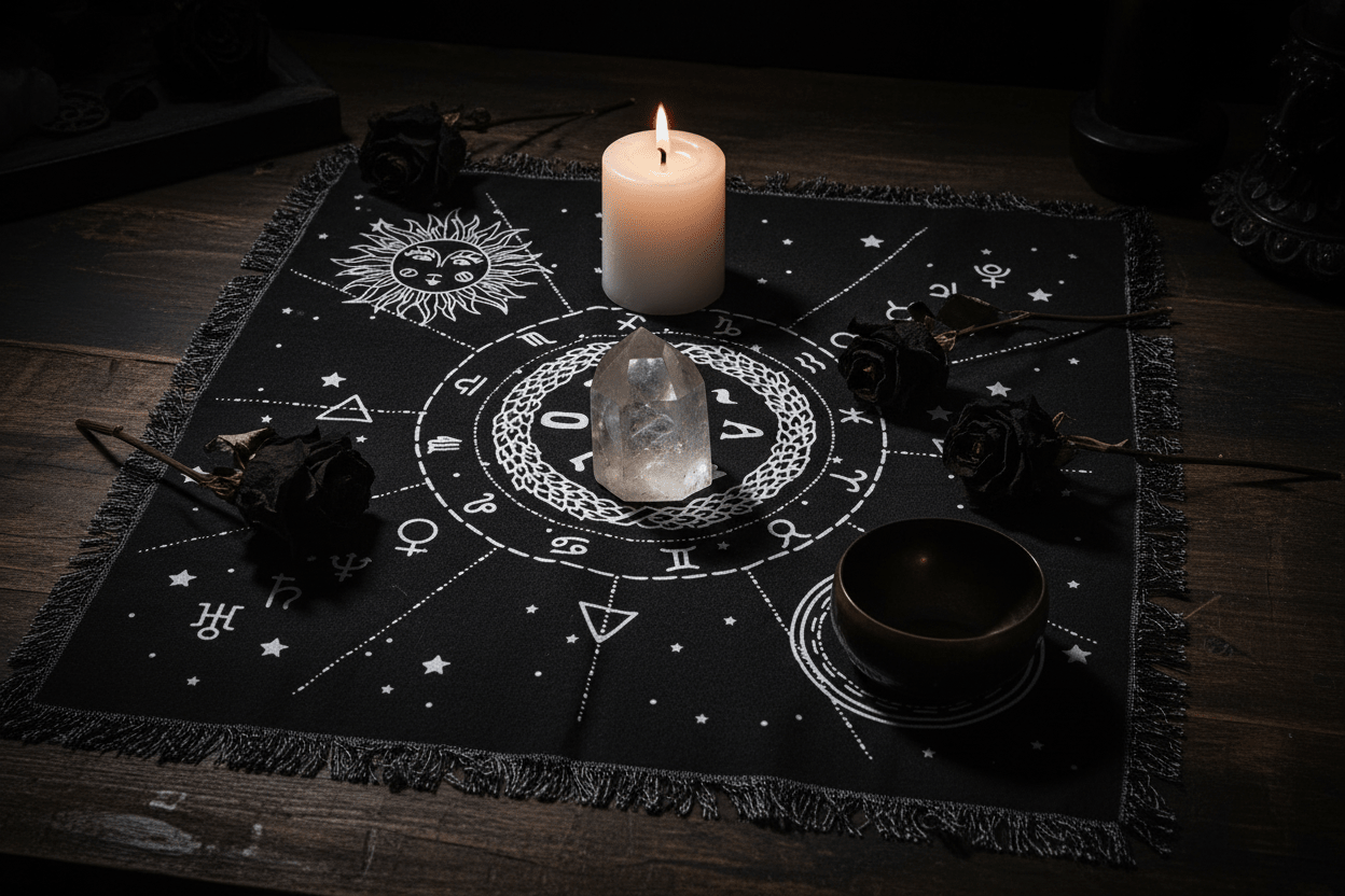 Moon & Sun Chart Altar Cloth — In Use
