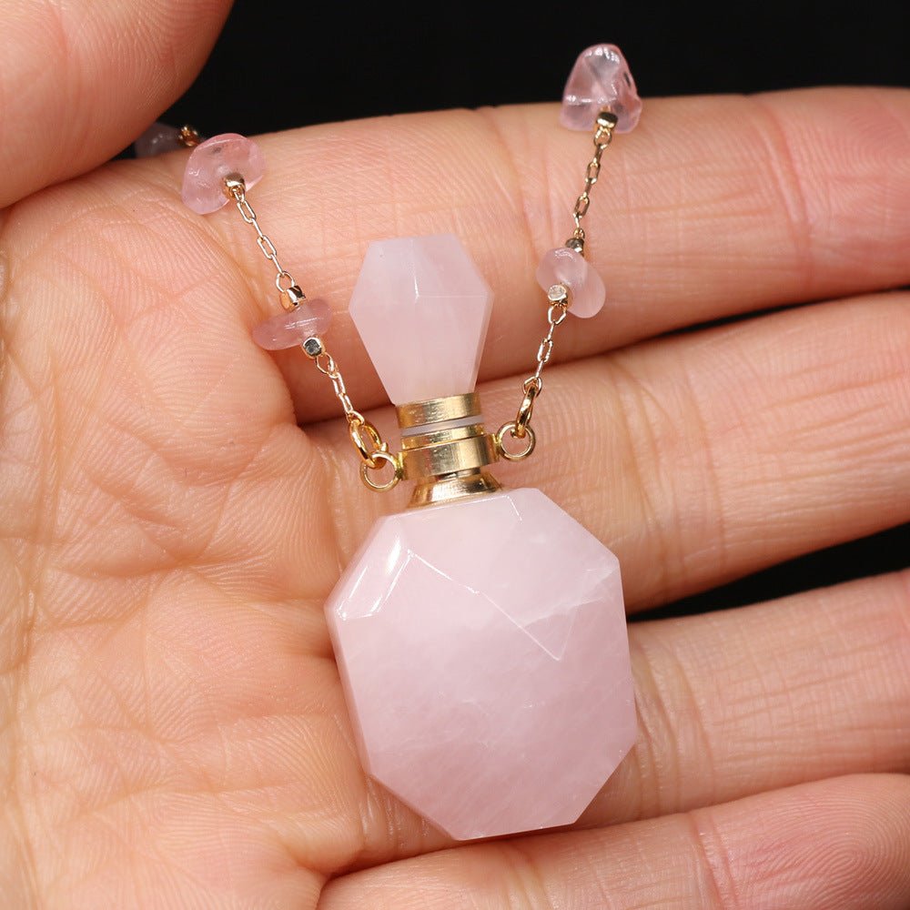 Natural Pink Jade Perfume Bottle Carved Crystal Necklace Gift Midnightt Light