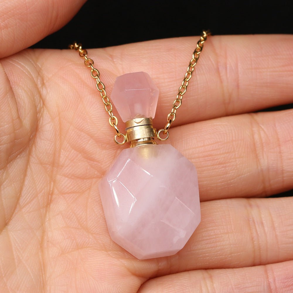Natural Pink Jade Perfume Bottle Carved Crystal Necklace Gift Midnightt Light