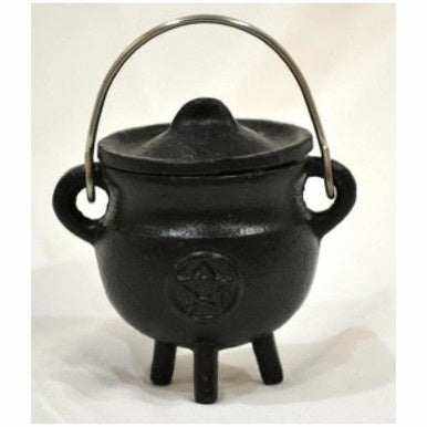 Pentacle Cast Iron Cauldron w/lid Sacred Crystals