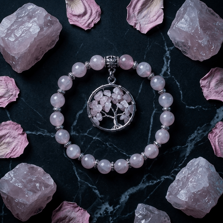 Pink beaded bracelet with tree pendant on a dark surface with rose petals and crystals